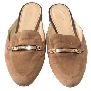 Michael Kors Mules Loafers Womens 7M Tan Suede Gold Tortoise Slide Minimalist